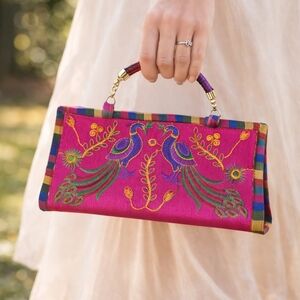 🦚 Embroidered Peacock Wallet Clutch | Rainbow Handle | Boho Folk Zip Organizer